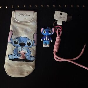 Stitch Blue and Pink Cartoon Character Socks and Keychain Set